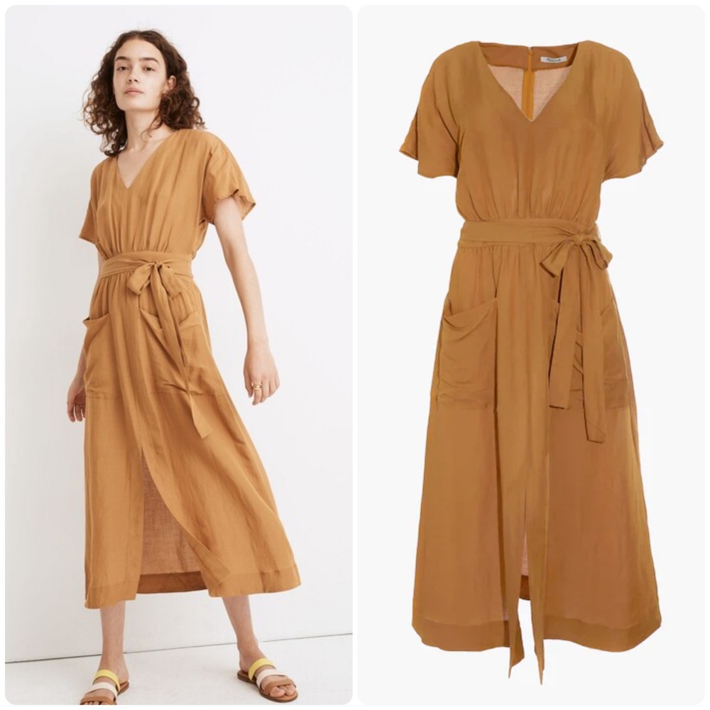 Madewell Womens Size 00 Linen Blend Dolman Sleeve Tie Waist‎ Midi Dress Toffee